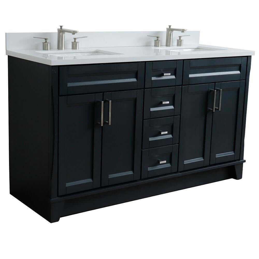 61" Double sink vanity in Dark Gray finish and White quartz and rectangle sink - 400700-61D-DG-WER