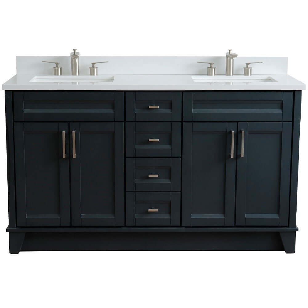 61" Double sink vanity in Dark Gray finish and White quartz and rectangle sink - 400700-61D-DG-WER