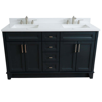 61" Double sink vanity in Dark Gray finish and White quartz and rectangle sink - 400700-61D-DG-WER