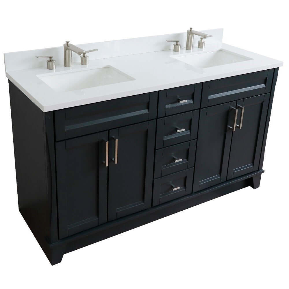 61" Double sink vanity in Dark Gray finish and White quartz and rectangle sink - 400700-61D-DG-WER