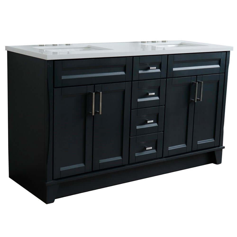 61" Double sink vanity in Dark Gray finish and White quartz and rectangle sink - 400700-61D-DG-WER