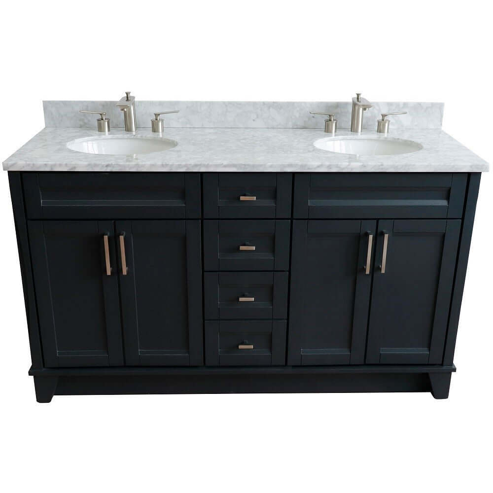 61" Double sink vanity in Dark Gray finish and White Carrara marble and oval sink - 400700-61D-DG-WMO