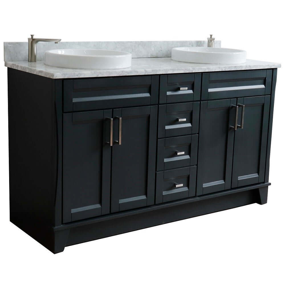 61" Double sink vanity in Dark Gray finish and White Carrara marble and round sink - 400700-61D-DG-WMRD