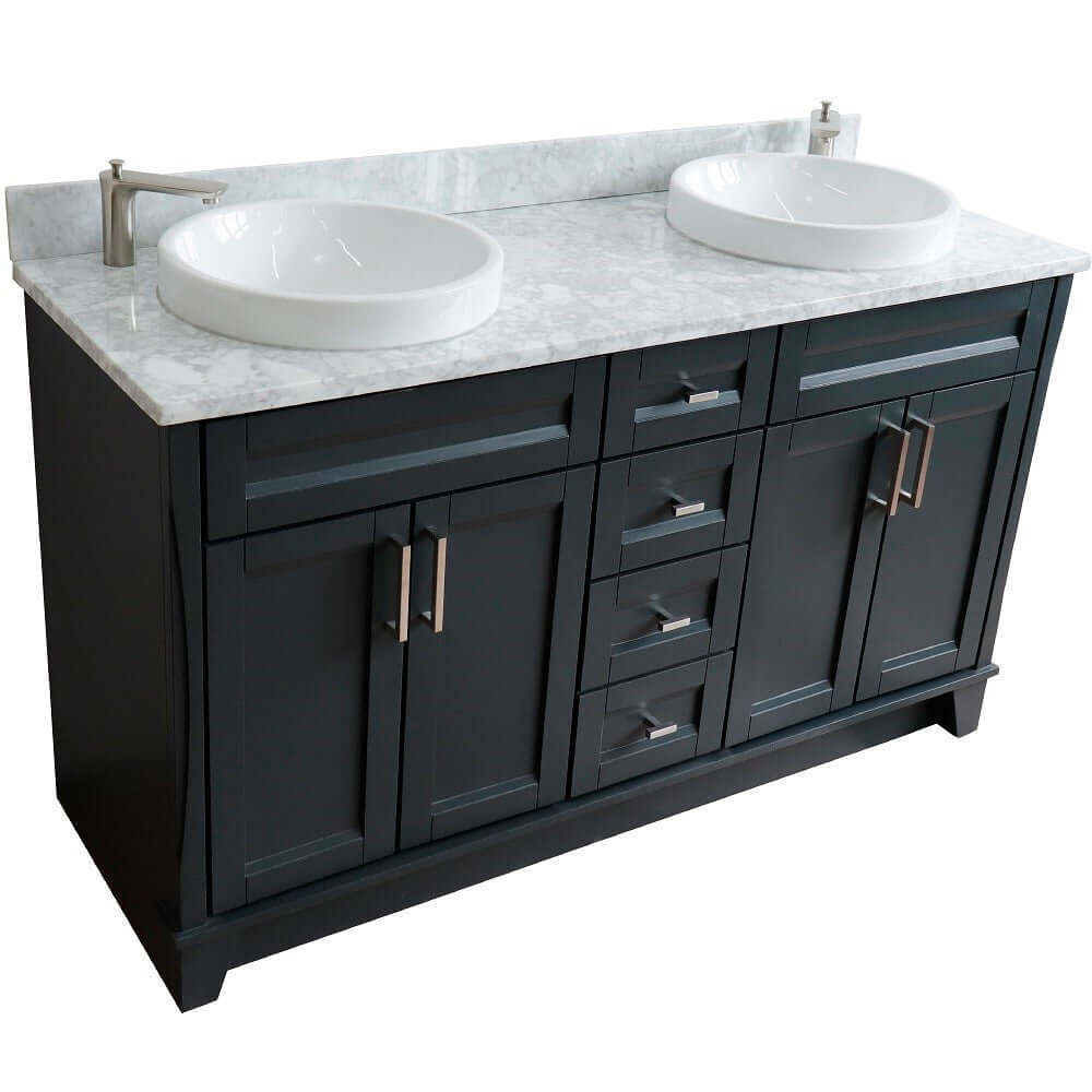 61" Double sink vanity in Dark Gray finish and White Carrara marble and round sink - 400700-61D-DG-WMRD