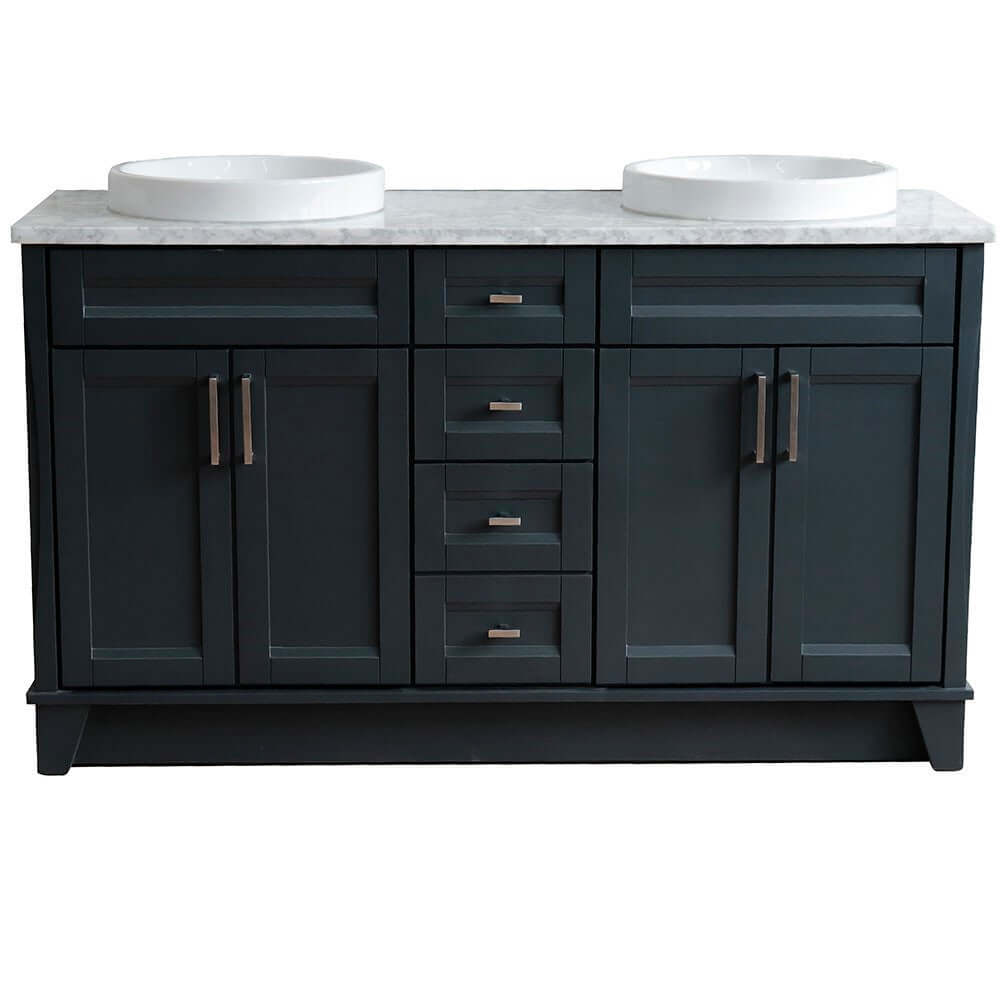 61" Double sink vanity in Dark Gray finish and White Carrara marble and round sink - 400700-61D-DG-WMRD