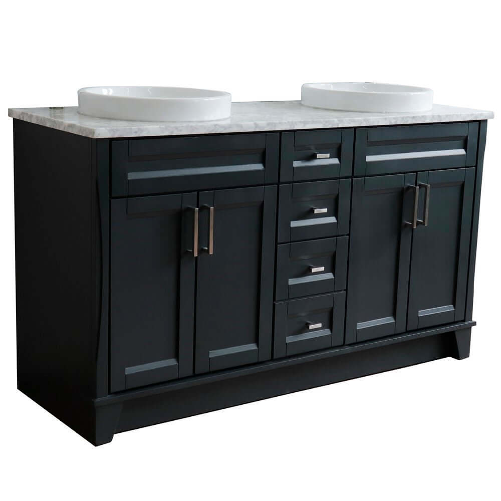 61" Double sink vanity in Dark Gray finish and White Carrara marble and round sink - 400700-61D-DG-WMRD