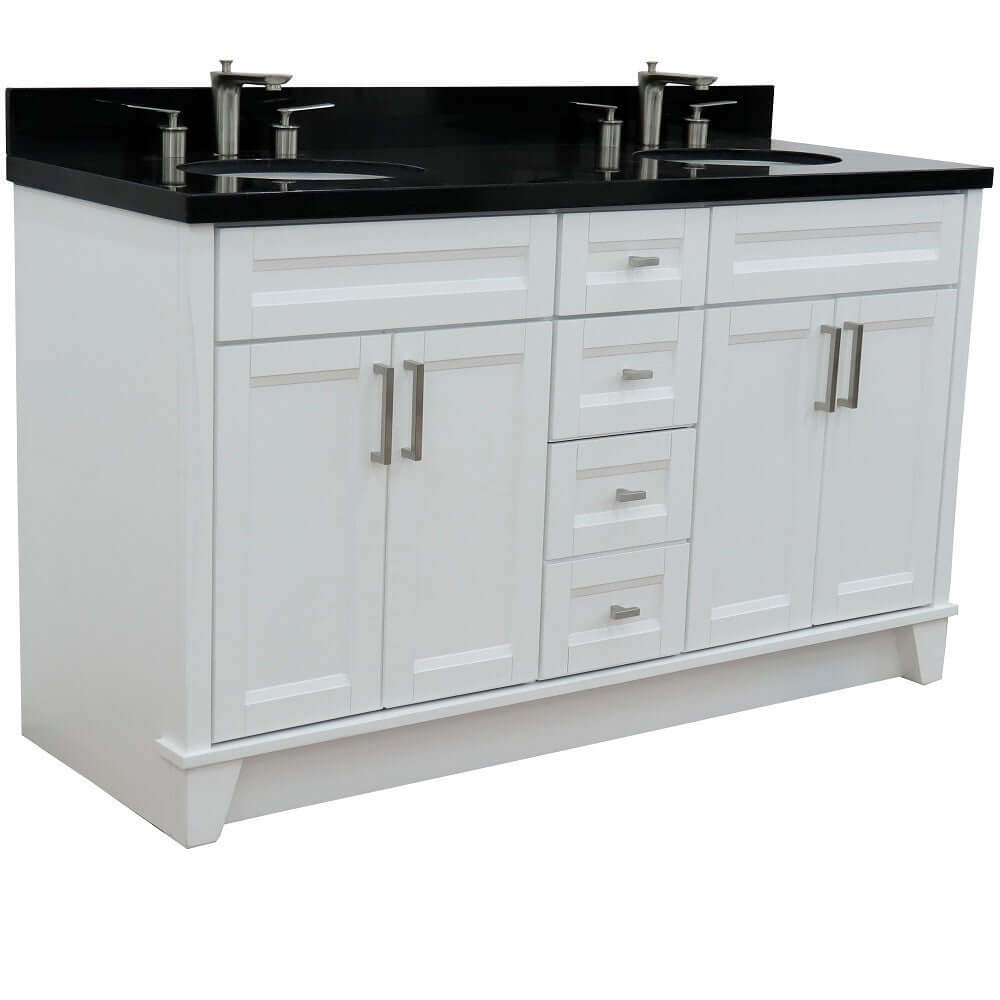 61" Double sink vanity in White finish and Black galaxy granite and oval sink - 400700-61D-WH-BGO