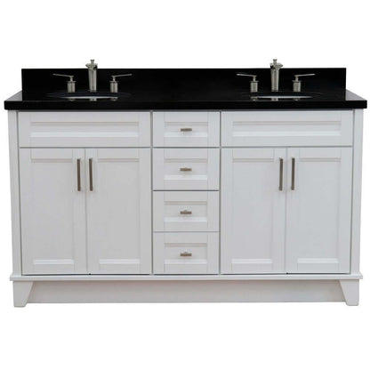 61" Double sink vanity in White finish and Black galaxy granite and oval sink - 400700-61D-WH-BGO