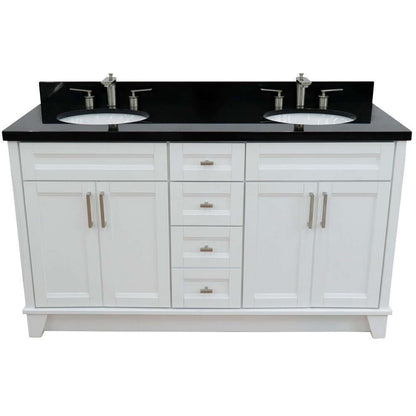 61" Double sink vanity in White finish and Black galaxy granite and oval sink - 400700-61D-WH-BGO