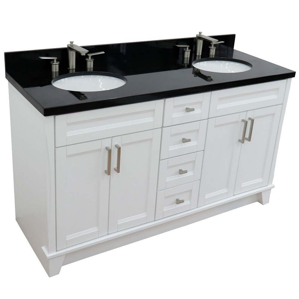 61" Double sink vanity in White finish and Black galaxy granite and oval sink - 400700-61D-WH-BGO