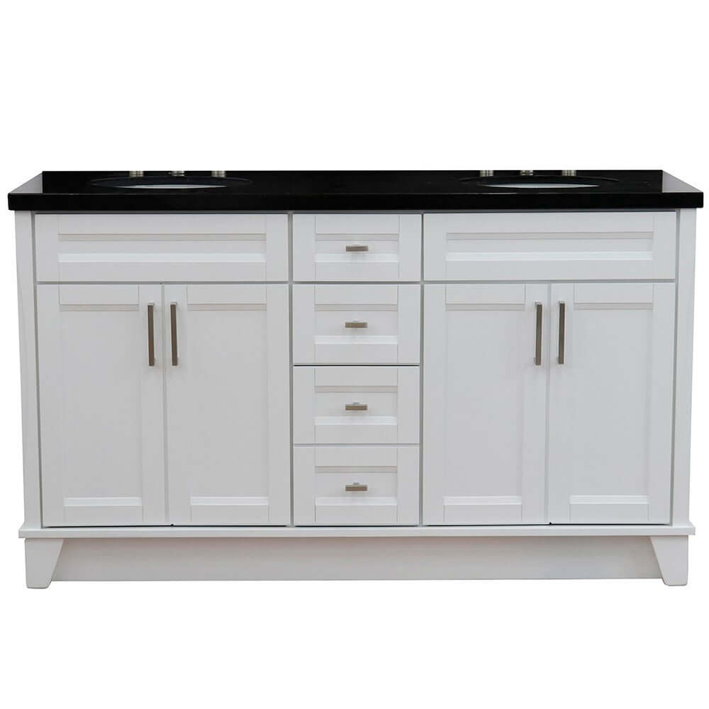 61" Double sink vanity in White finish and Black galaxy granite and oval sink - 400700-61D-WH-BGO