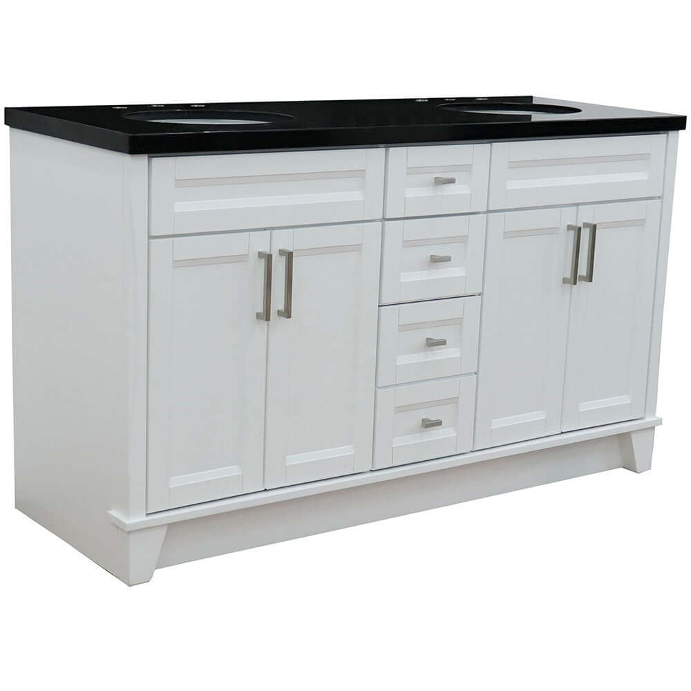 61" Double sink vanity in White finish and Black galaxy granite and oval sink - 400700-61D-WH-BGO