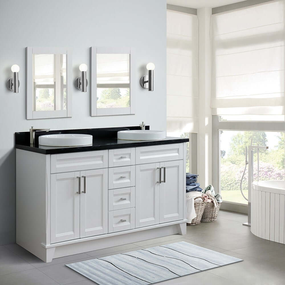 61" Double sink vanity in White finish and Black galaxy granite and round sink - 400700-61D-WH-BGRD