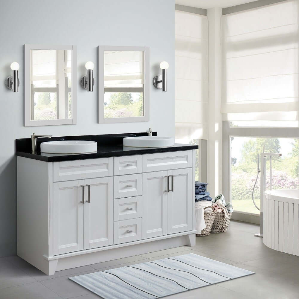 61" Double sink vanity in White finish and Black galaxy granite and round sink - 400700-61D-WH-BGRD