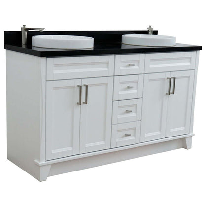 61" Double sink vanity in White finish and Black galaxy granite and round sink - 400700-61D-WH-BGRD