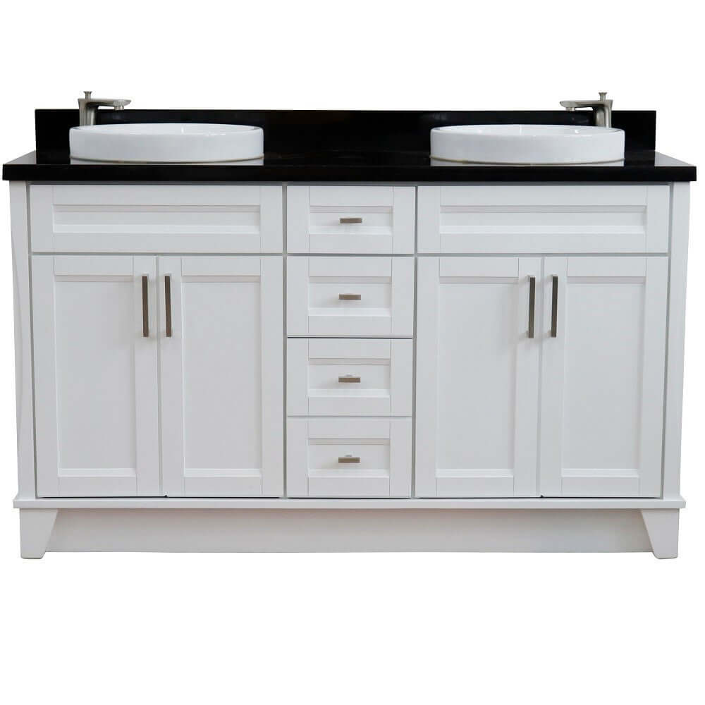 61" Double sink vanity in White finish and Black galaxy granite and round sink - 400700-61D-WH-BGRD