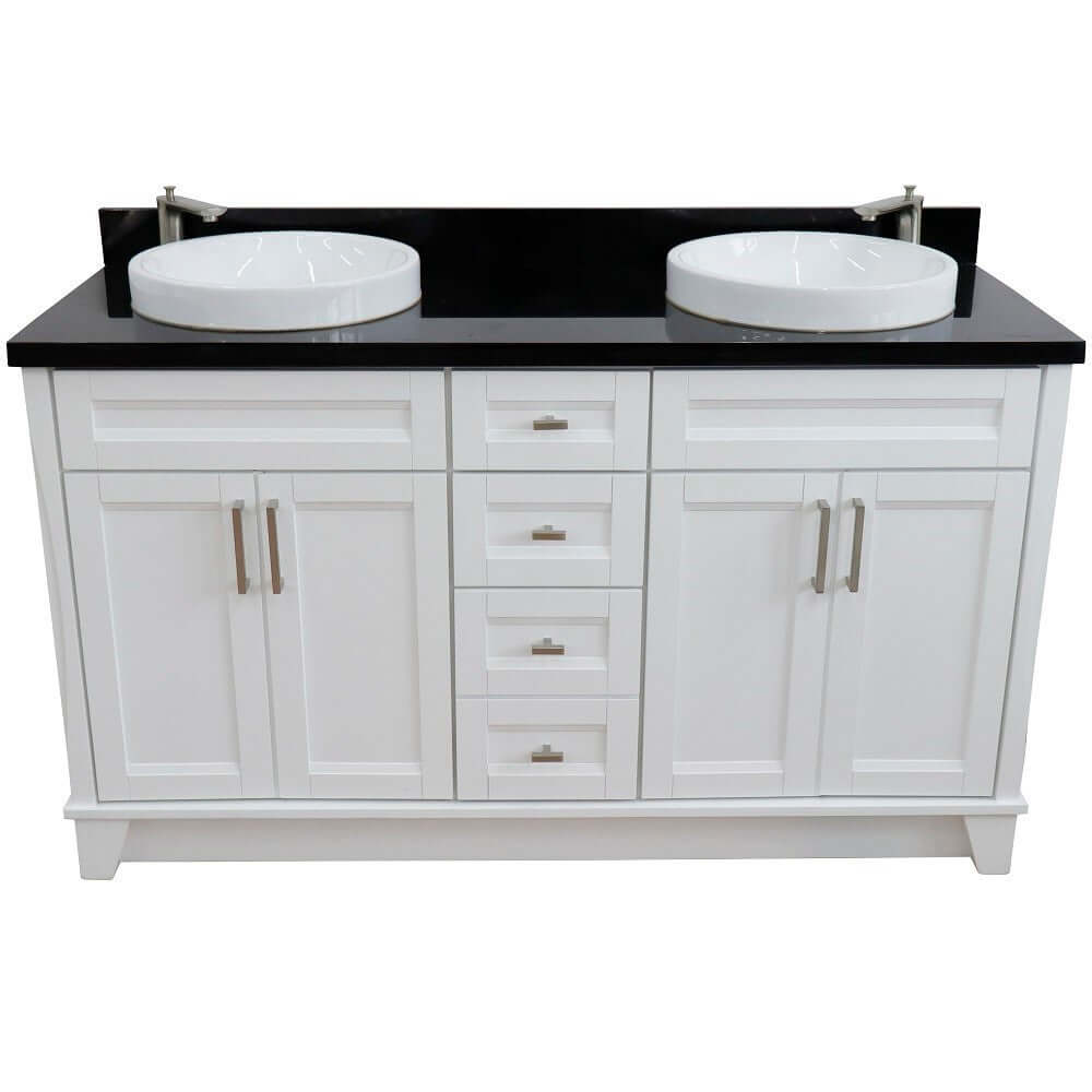 61" Double sink vanity in White finish and Black galaxy granite and round sink - 400700-61D-WH-BGRD