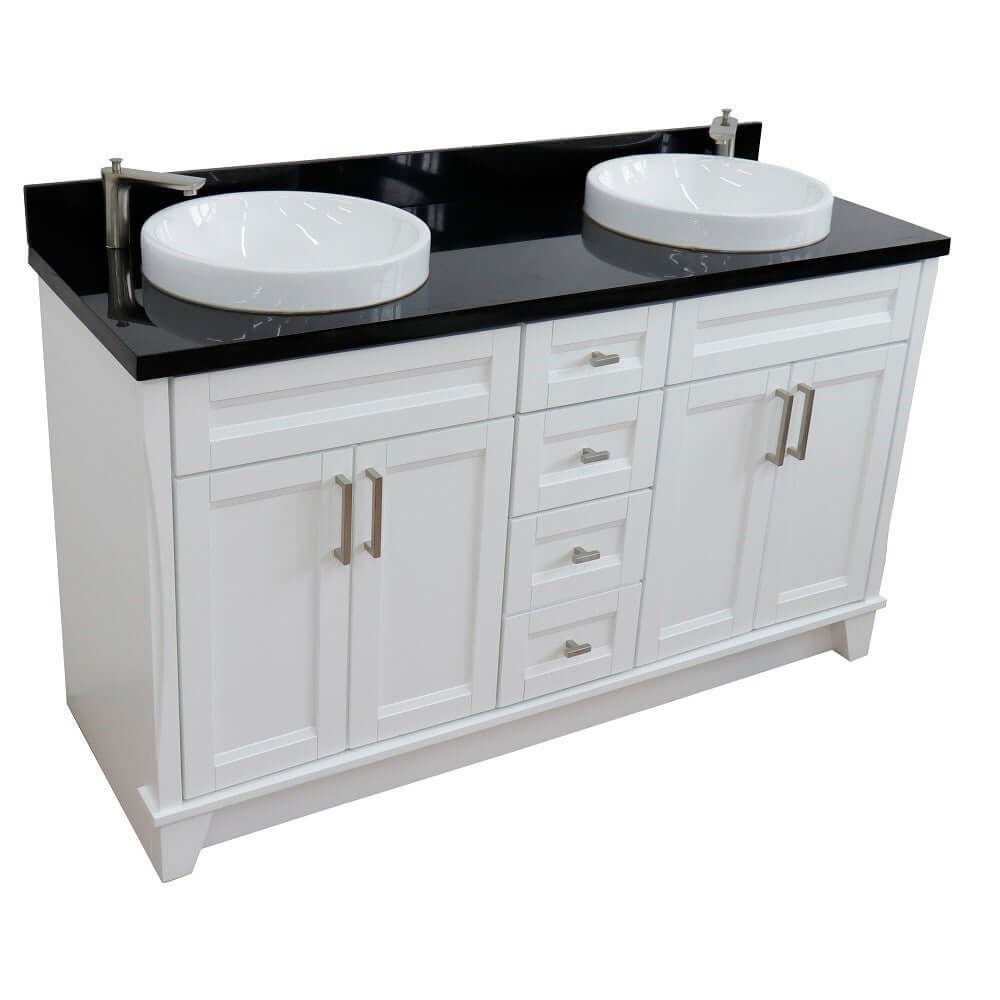 61" Double sink vanity in White finish and Black galaxy granite and round sink - 400700-61D-WH-BGRD