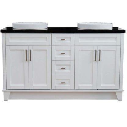 61" Double sink vanity in White finish and Black galaxy granite and round sink - 400700-61D-WH-BGRD