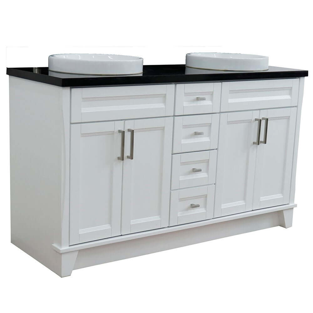 61" Double sink vanity in White finish and Black galaxy granite and round sink - 400700-61D-WH-BGRD