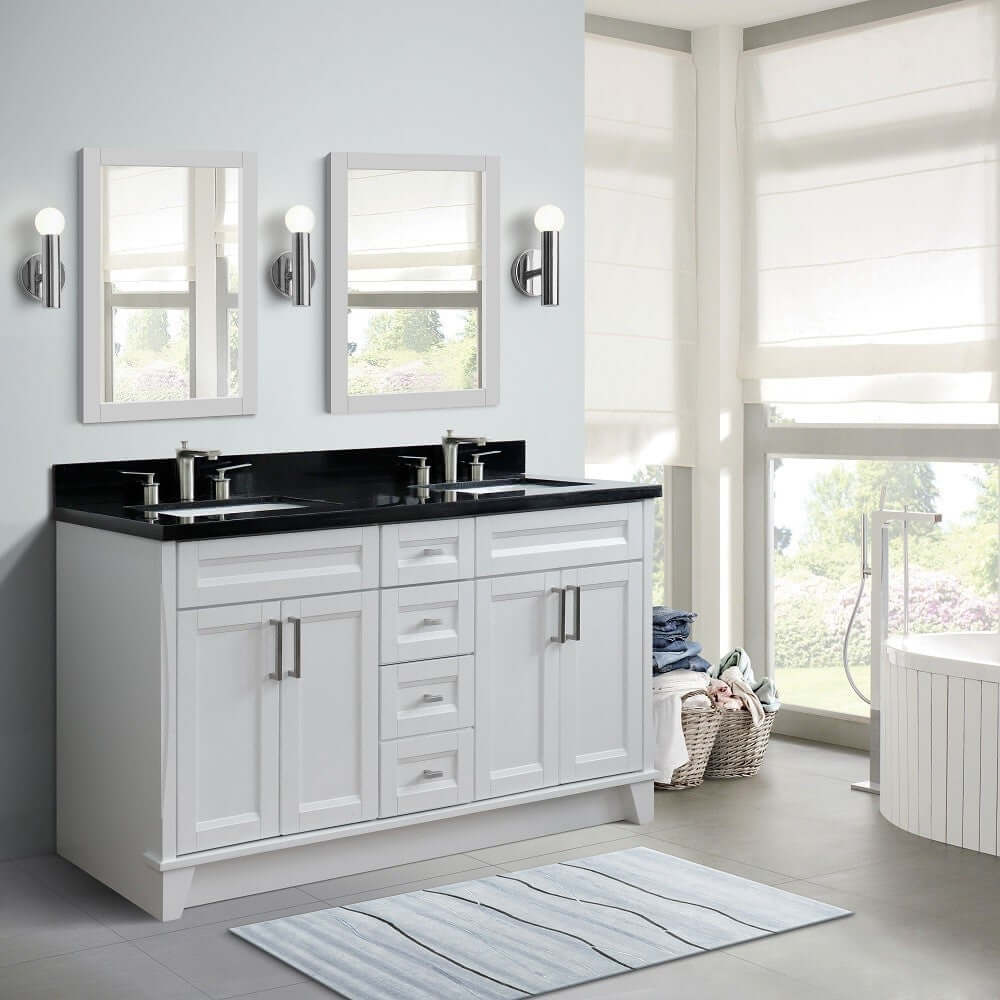 61" Double sink vanity in White finish and Black galaxy granite and rectangle sink - 400700-61D-WH-BGR