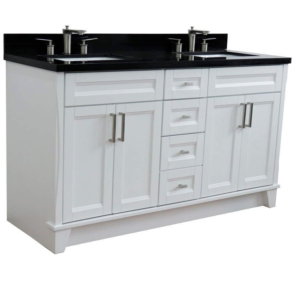 61" Double sink vanity in White finish and Black galaxy granite and rectangle sink - 400700-61D-WH-BGR