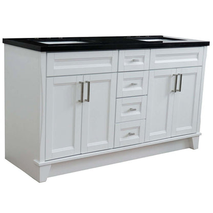 61" Double sink vanity in White finish and Black galaxy granite and rectangle sink - 400700-61D-WH-BGR