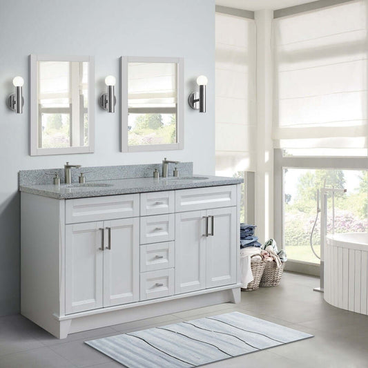 61" Double sink vanity in White finish and Gray granite and oval sink - 400700-61D-WH-GYO