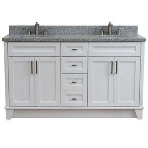 61" Double sink vanity in White finish and Gray granite and oval sink - 400700-61D-WH-GYO