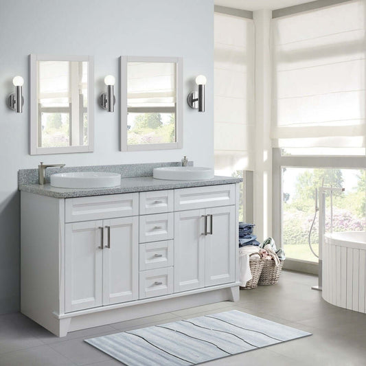 61" Double sink vanity in White finish and Gray granite and round sink - 400700-61D-WH-GYRD