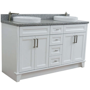 61" Double sink vanity in White finish and Gray granite and round sink - 400700-61D-WH-GYRD