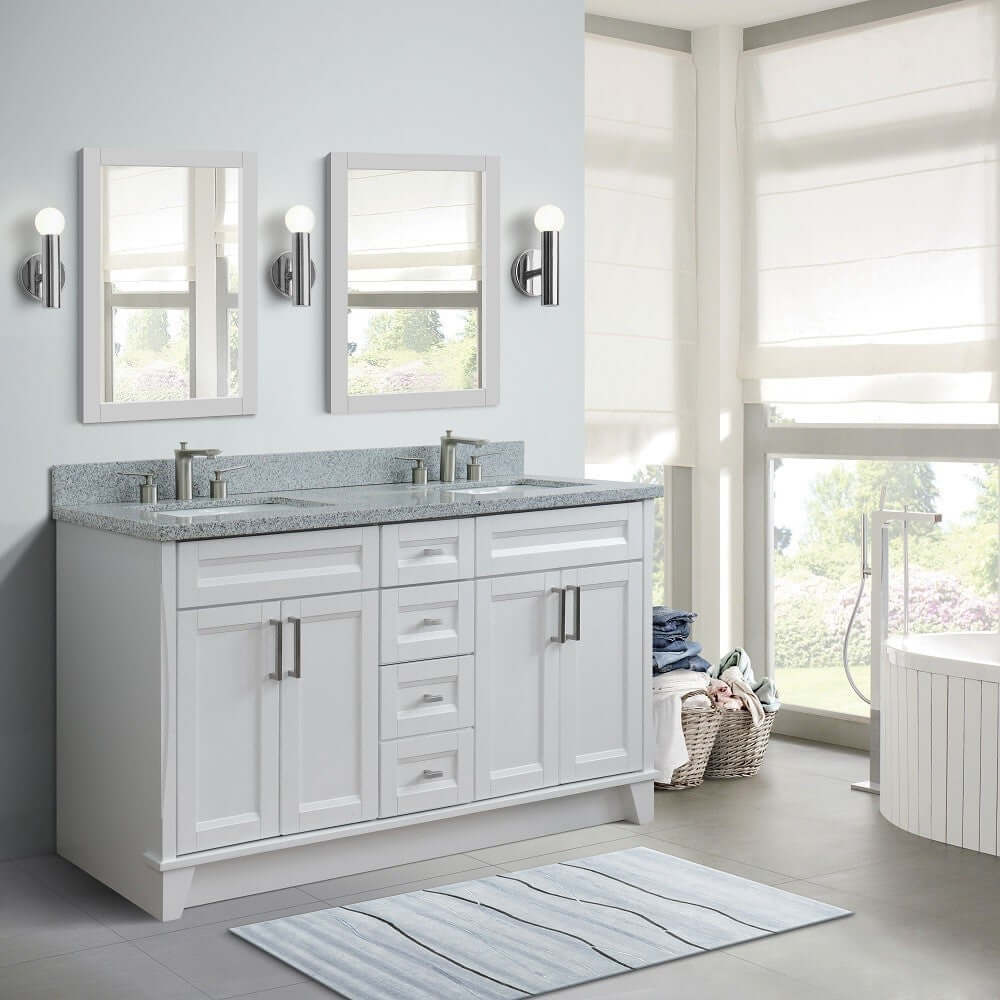 61" Double sink vanity in White finish and Gray granite and rectangle sink - 400700-61D-WH-GYR