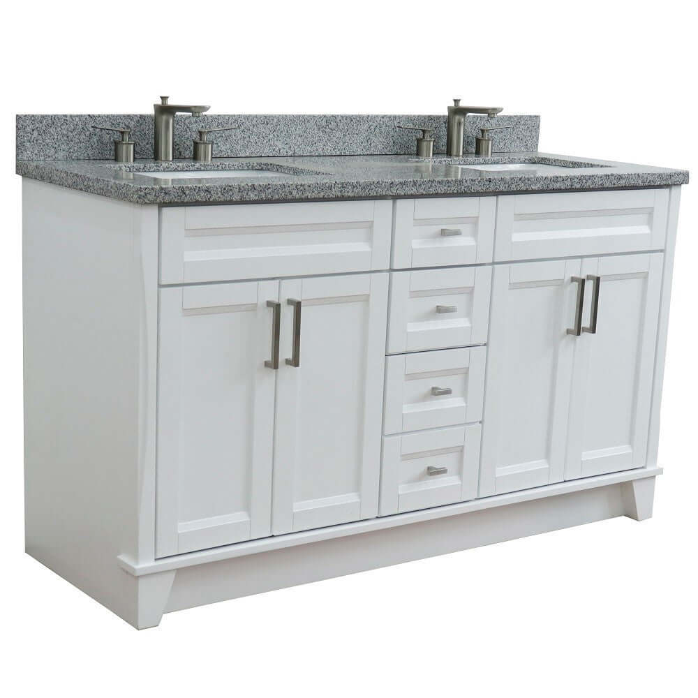 61" Double sink vanity in White finish and Gray granite and rectangle sink - 400700-61D-WH-GYR