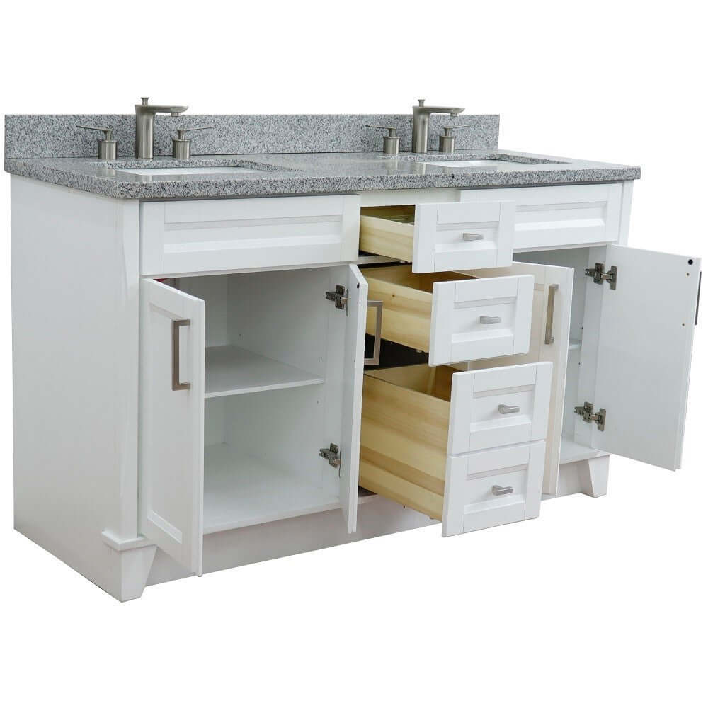 61" Double sink vanity in White finish and Gray granite and rectangle sink - 400700-61D-WH-GYR