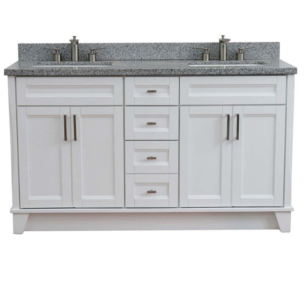 61" Double sink vanity in White finish and Gray granite and rectangle sink - 400700-61D-WH-GYR