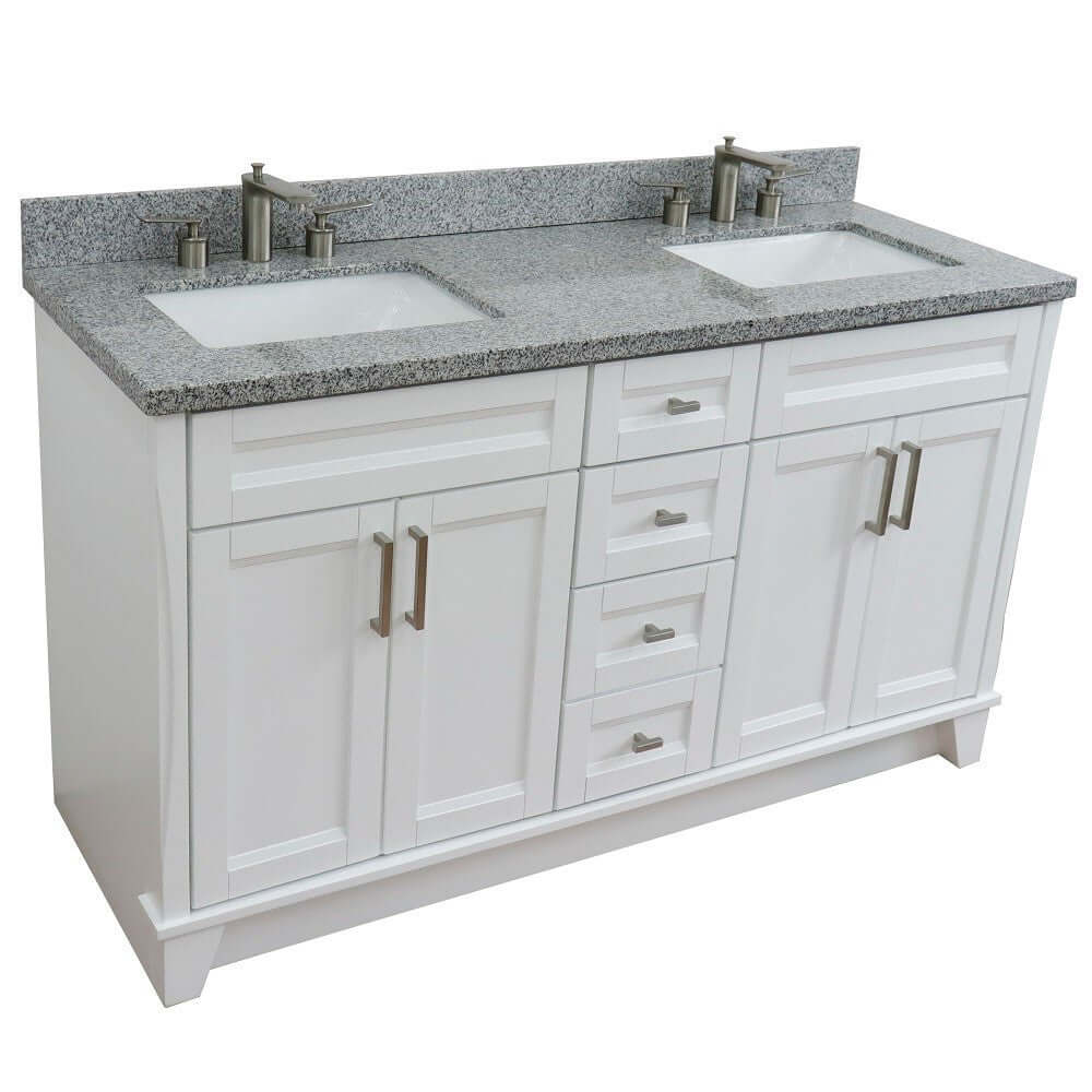 61" Double sink vanity in White finish and Gray granite and rectangle sink - 400700-61D-WH-GYR