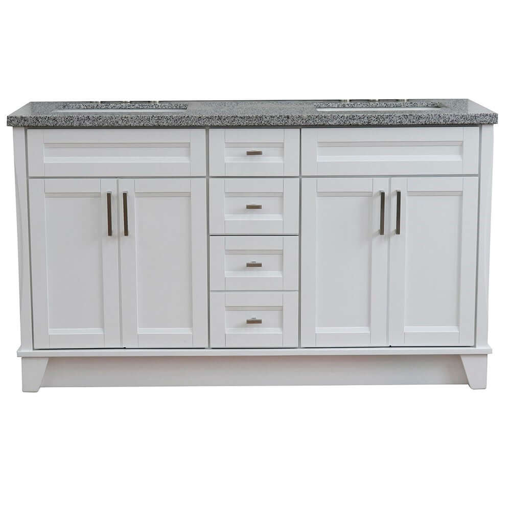 61" Double sink vanity in White finish and Gray granite and rectangle sink - 400700-61D-WH-GYR