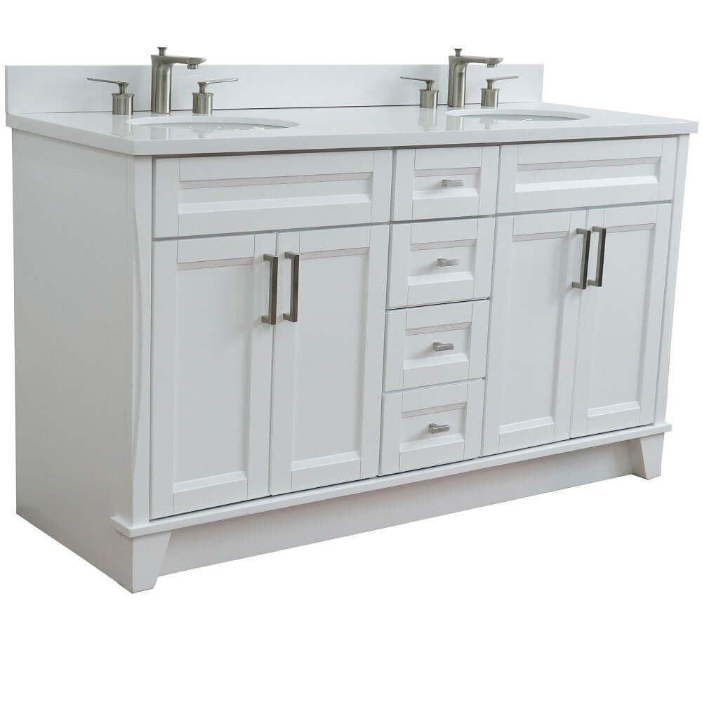 61" Double sink vanity in White finish and White quartz and oval sink - 400700-61D-WH-WEO