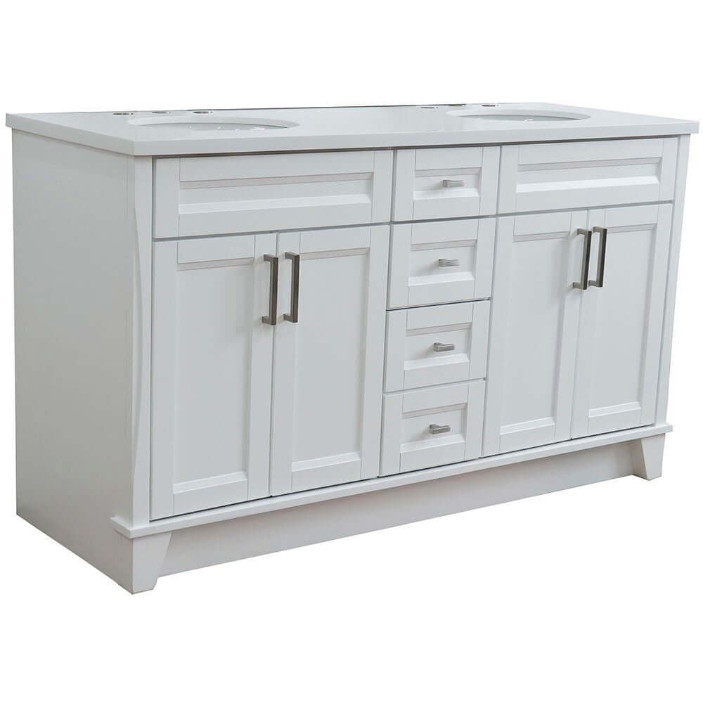 61" Double sink vanity in White finish and White quartz and oval sink - 400700-61D-WH-WEO