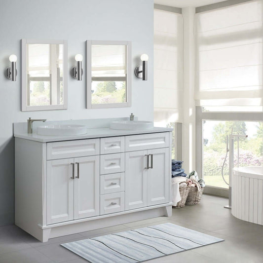 61" Double sink vanity in White finish and White quartz and round sink - 400700-61D-WH-WERD