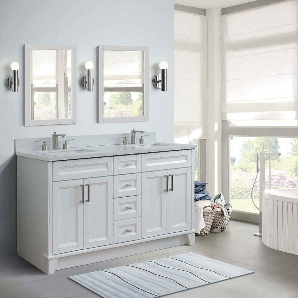 61" Double sink vanity in White finish and White quartz and rectangle sink - 400700-61D-WH-WER