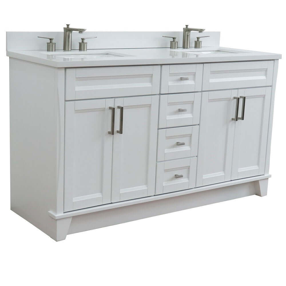 61" Double sink vanity in White finish and White quartz and rectangle sink - 400700-61D-WH-WER