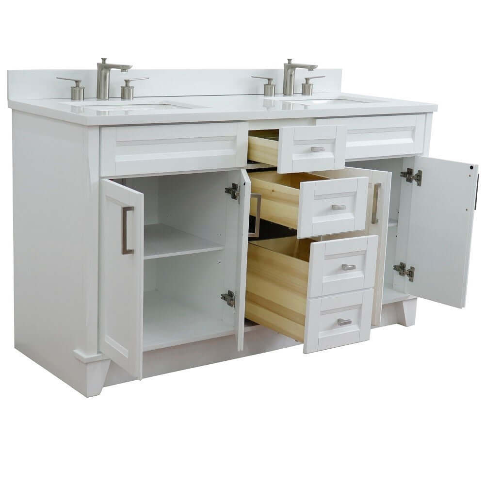 61" Double sink vanity in White finish and White quartz and rectangle sink - 400700-61D-WH-WER