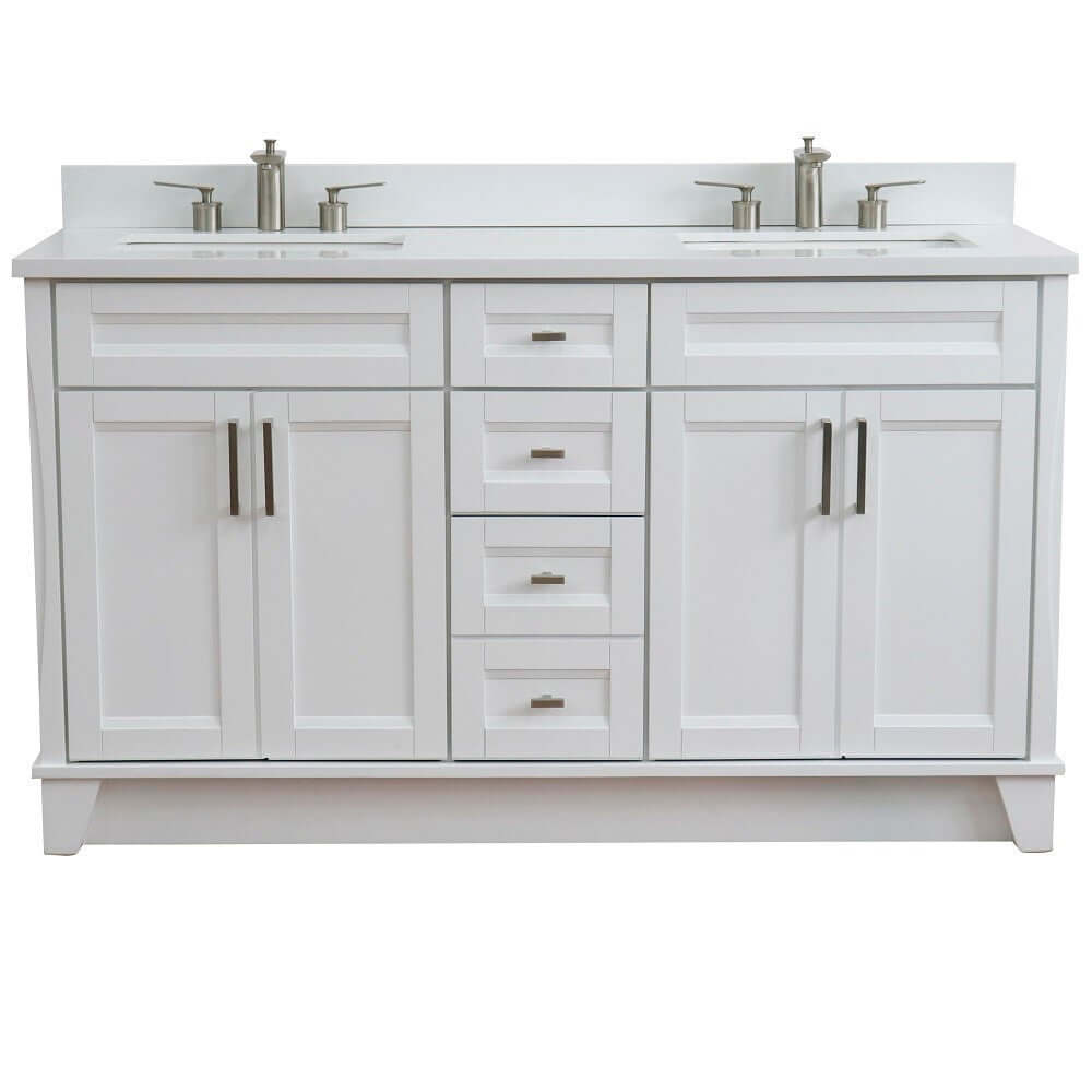 61" Double sink vanity in White finish and White quartz and rectangle sink - 400700-61D-WH-WER