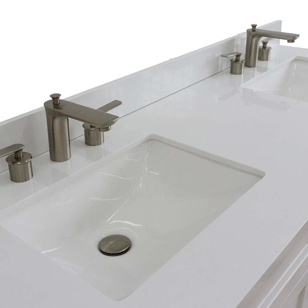 61" Double sink vanity in White finish and White quartz and rectangle sink - 400700-61D-WH-WER