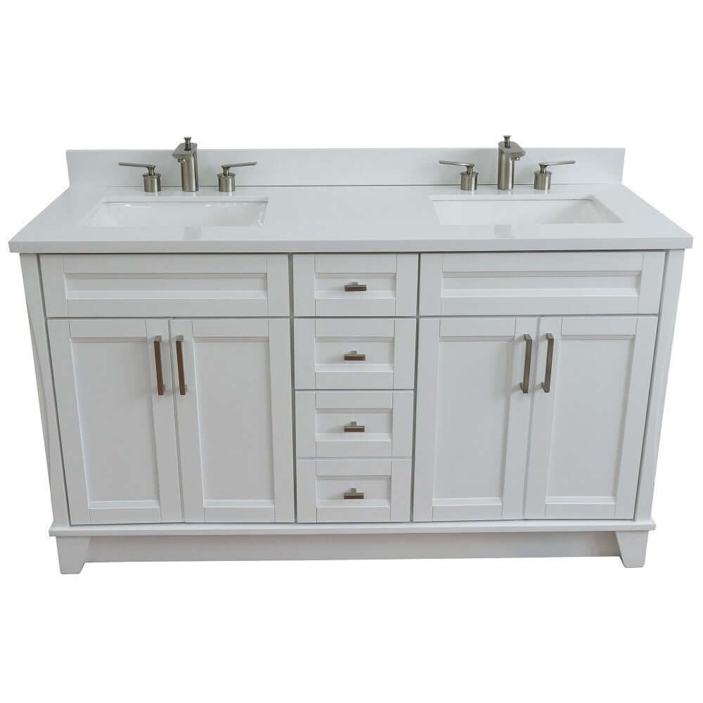 61" Double sink vanity in White finish and White quartz and rectangle sink - 400700-61D-WH-WER