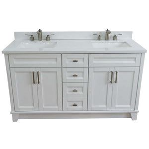 61" Double sink vanity in White finish and White quartz and rectangle sink - 400700-61D-WH-WER