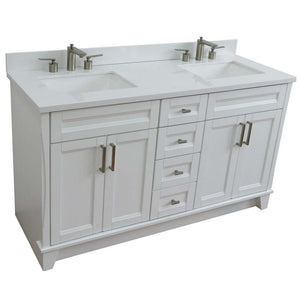 61" Double sink vanity in White finish and White quartz and rectangle sink - 400700-61D-WH-WER