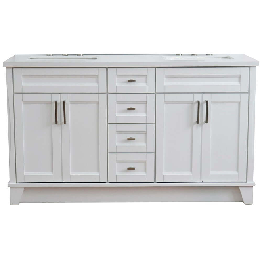 61" Double sink vanity in White finish and White quartz and rectangle sink - 400700-61D-WH-WER