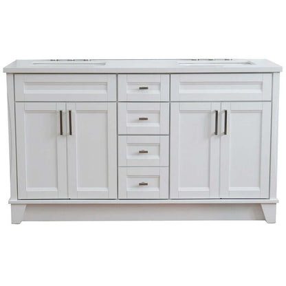 61" Double sink vanity in White finish and White quartz and rectangle sink - 400700-61D-WH-WER